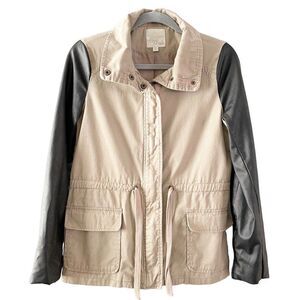 Olive & Oak Tan & Black Mixed Fabric Faux Leather Long Sleeve Full Zip Jacket XS